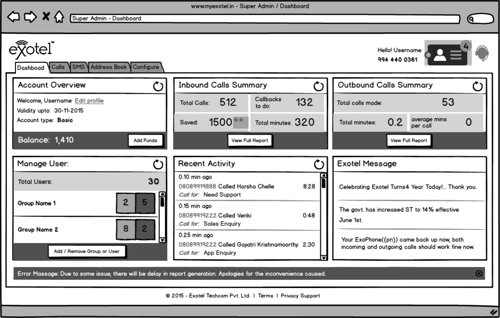 Exotel Dashboard Wireframe